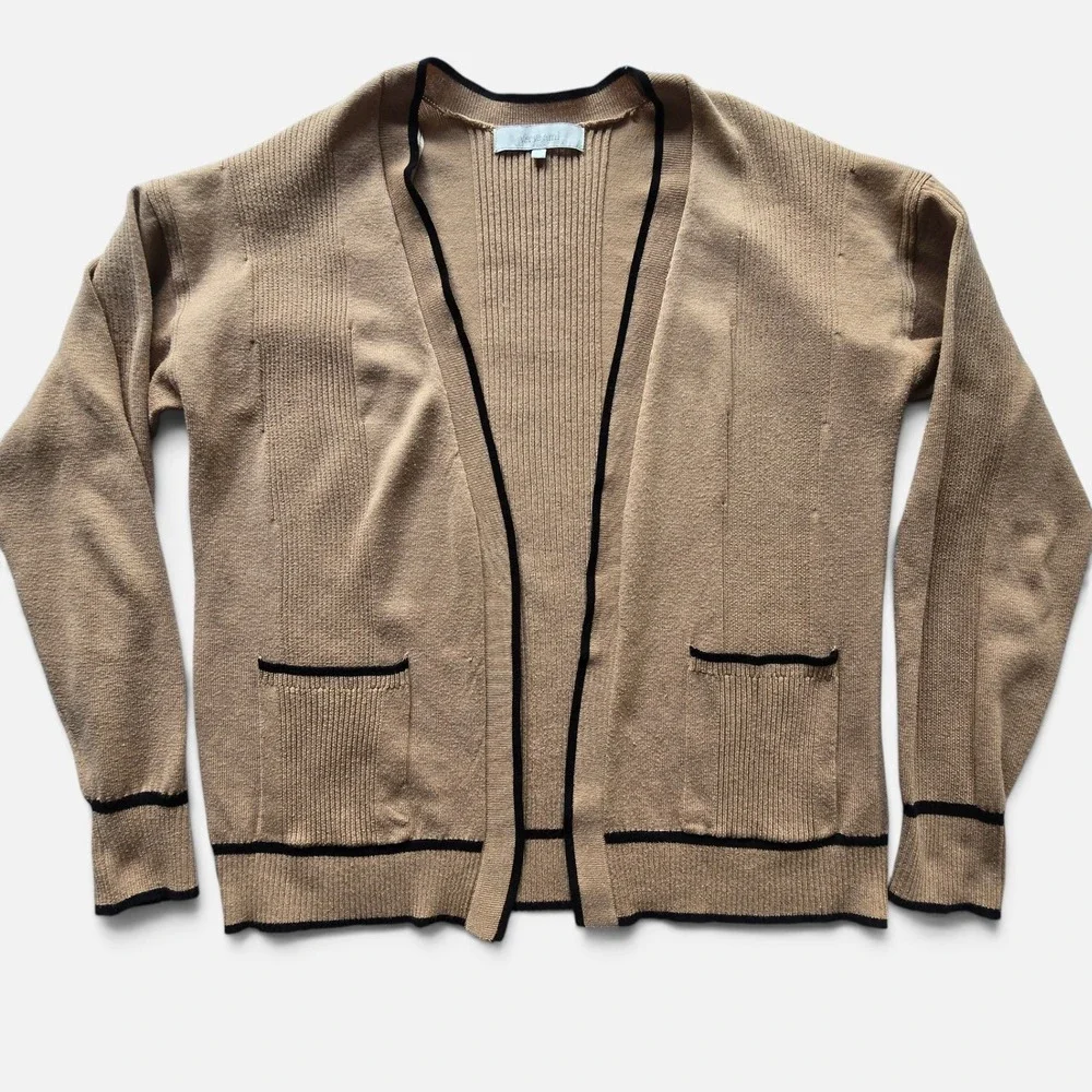 Verve Ami Tan Open Front Cardigan Black Trim Women M Ribbed Fine Knit Pockets